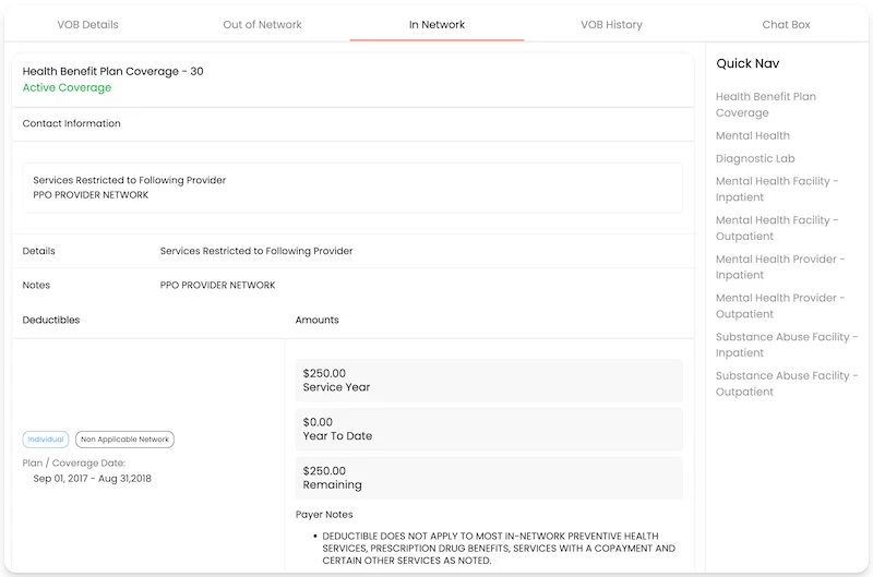 VerifyTreatment (VerifyTX) In Network benefits view showing active coverage, deductibles and a quick nav by level of care