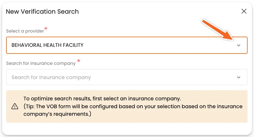 VerifyTreatment (VerifyTX) New Verification Search form with provider type and insurance company search fields