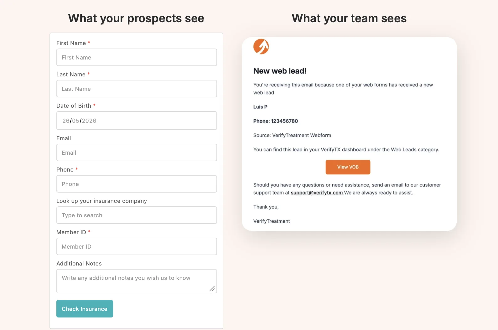 VerifyTreatment (VerifyTX) web form prospects fill in, beside the new web lead email your team receives