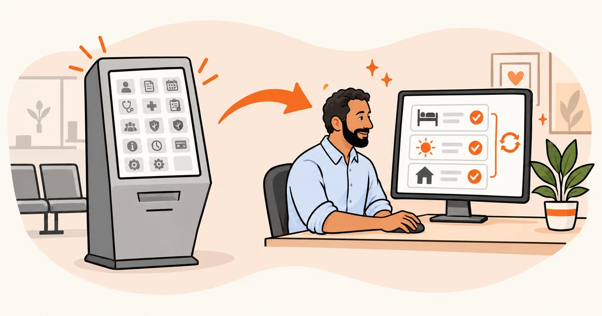 Illustration of a busy generic kiosk beside a behavioral health admissions desk where a staff member reviews benefits by level of care
