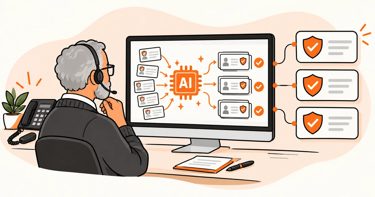 Illustration of an older admissions staff member in a headset watching an AI chip sort insurance cards into verified results on his monitor