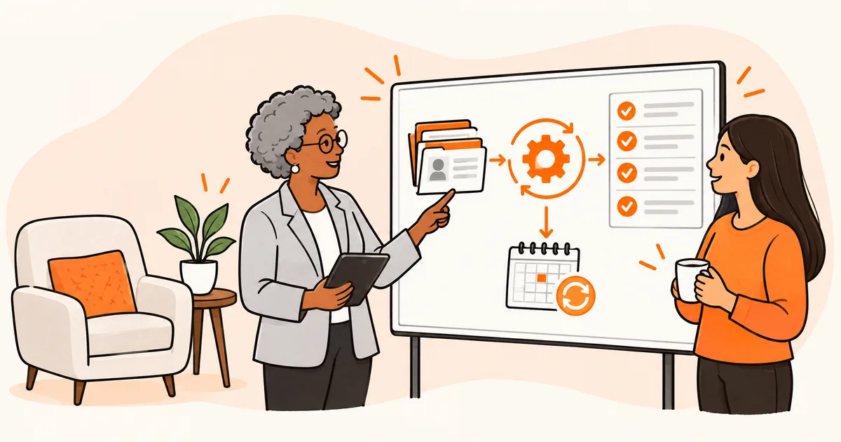 Illustration of two coworkers at a whiteboard showing patient folders moving through an automation gear to checked rows and scheduled re-checks