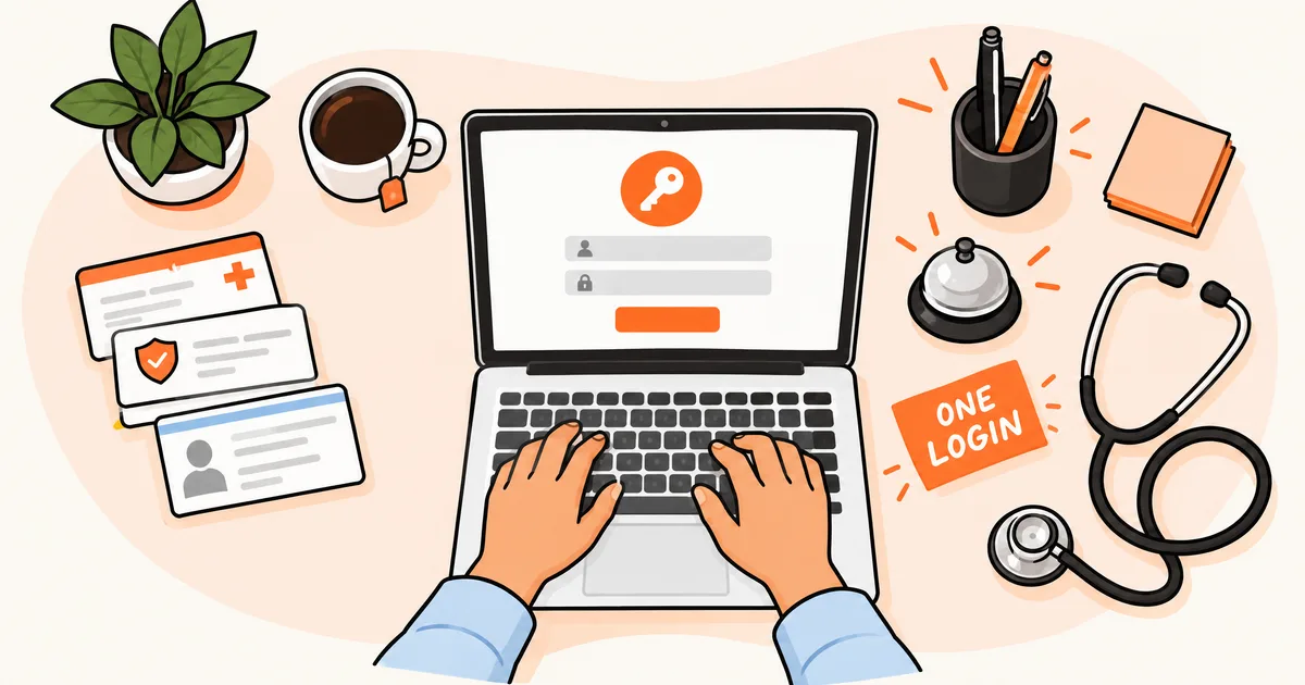 Top-down illustration of a small practice front desk with a laptop showing one login screen, insurance cards, a bell and a stethoscope