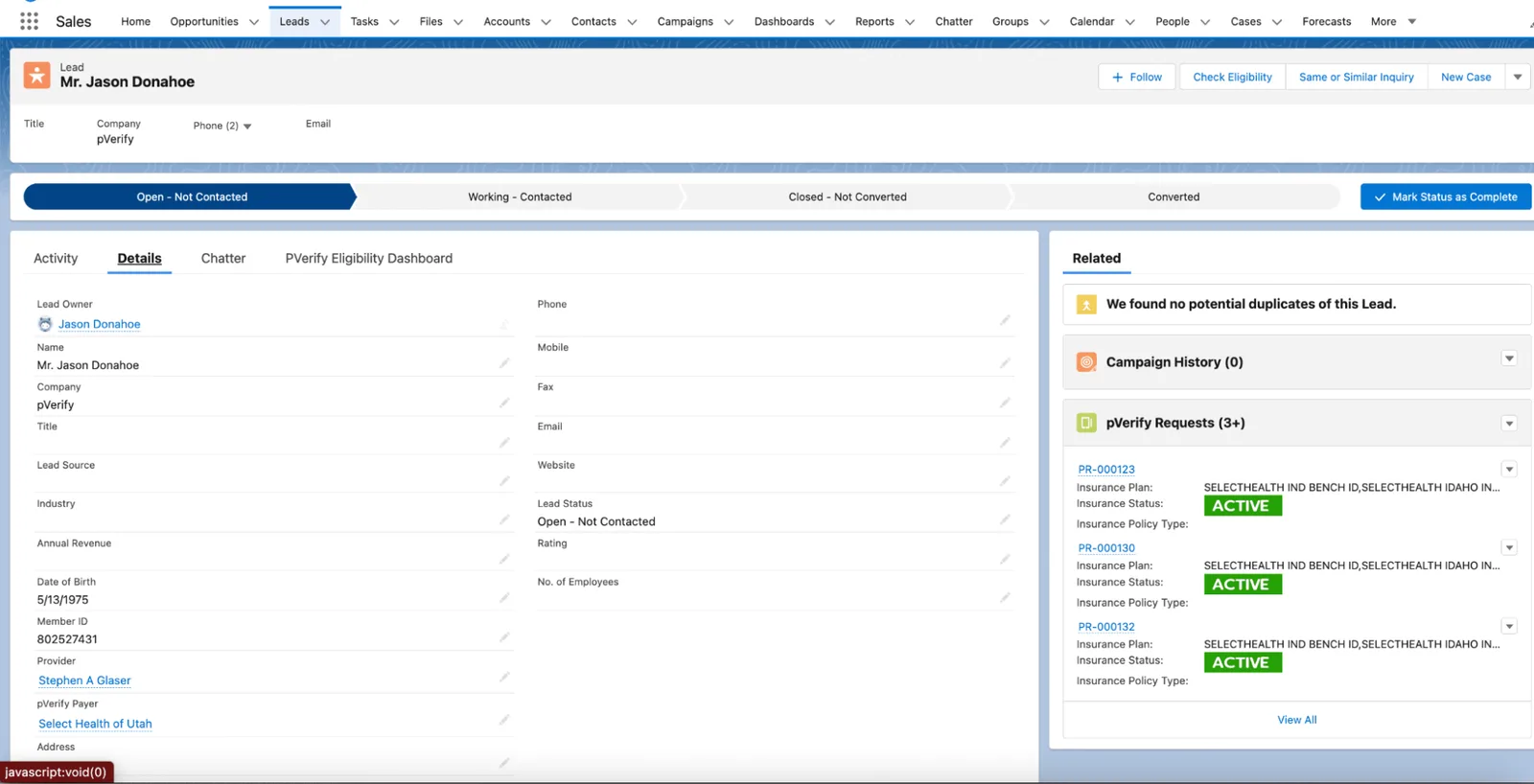 pVerify eligibility results inside a Salesforce lead record, showing active insurance status on three requests