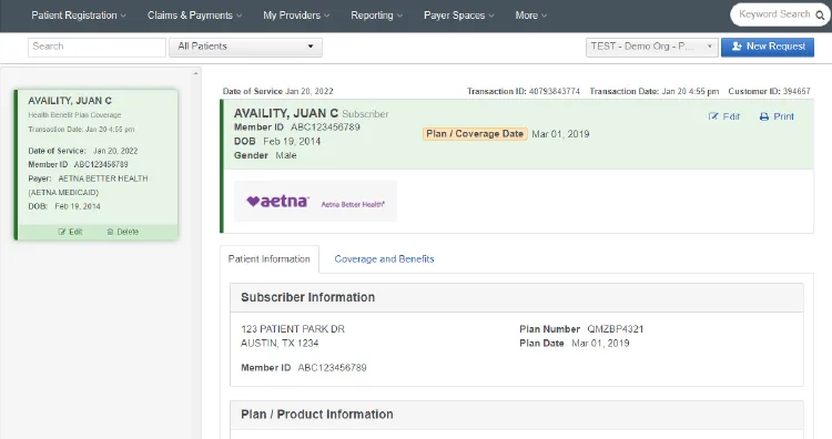 Availity eligibility results screen showing subscriber details, payer logo and plan information for a demo patient