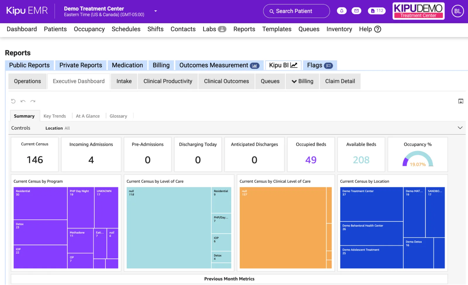 Kipu EMR executive dashboard for a demo treatment center showing census, admissions, and occupancy by program