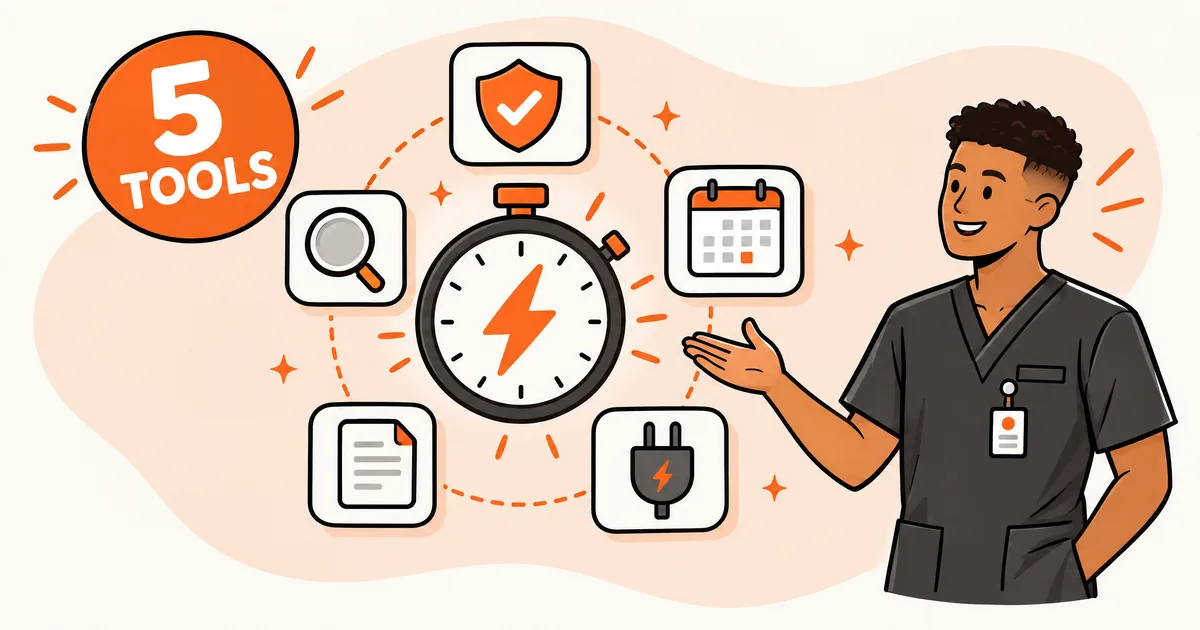 Illustration of a stopwatch circled by five tool icons, with a 5 tools badge and a staff member in scrubs gesturing toward it