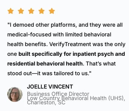 Five-star review of VerifyTreatment (VerifyTX) from a business office director at Low Country Behavioral Health
