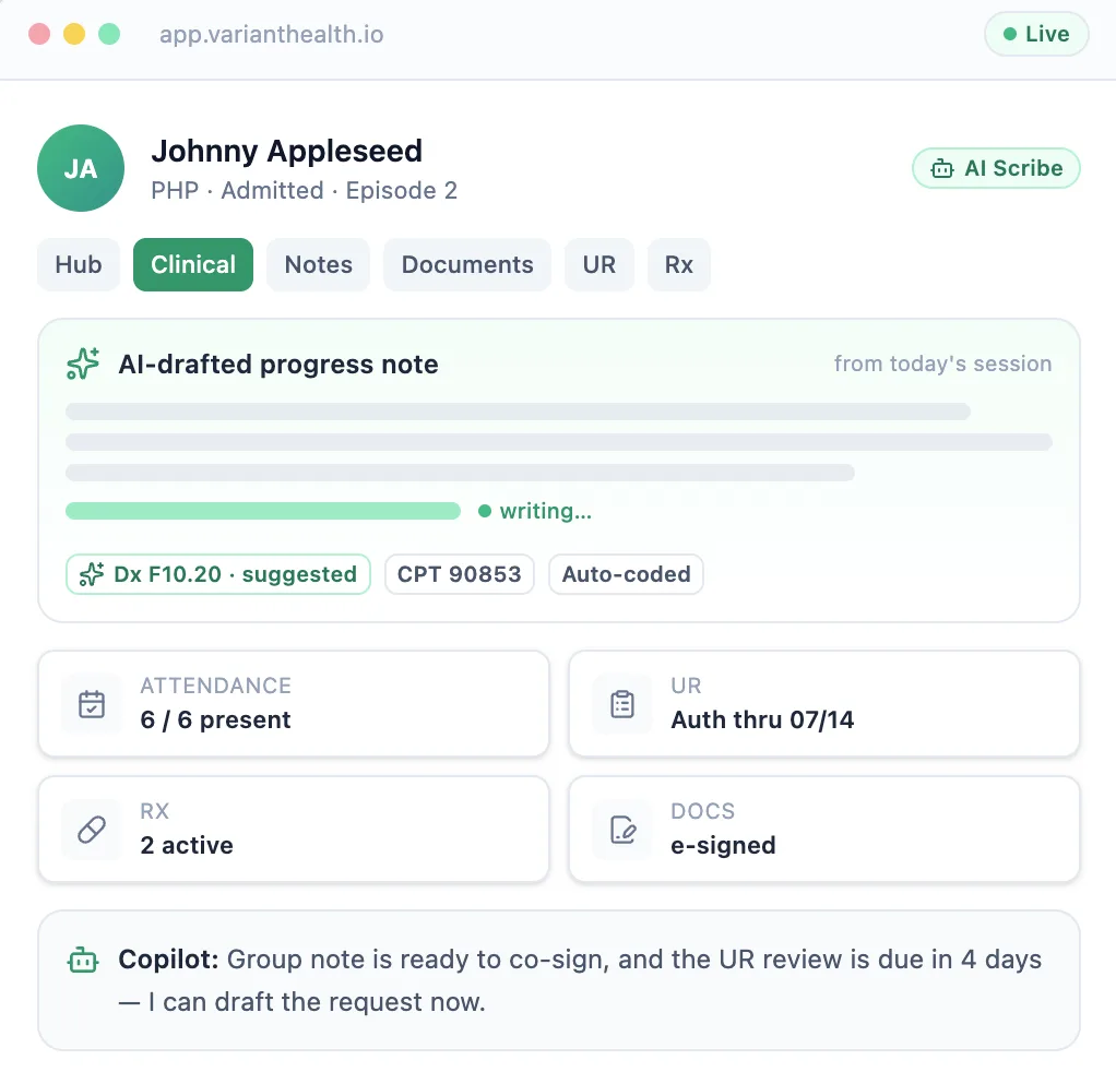 Variant behavioral health patient record with an AI-drafted progress note, attendance, UR and prescription tiles