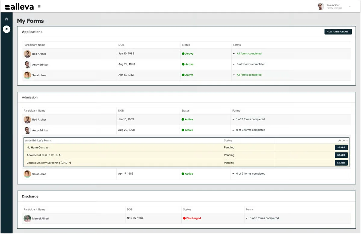 Alleva My Forms page listing participants with status and pending admission forms such as screening questionnaires