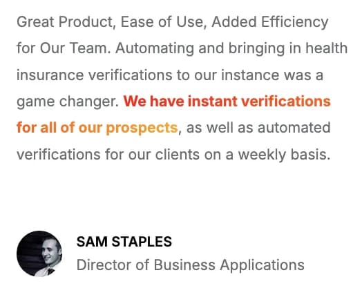 VerifyTreatment (VerifyTX) customer review from a director of business applications praising instant verifications