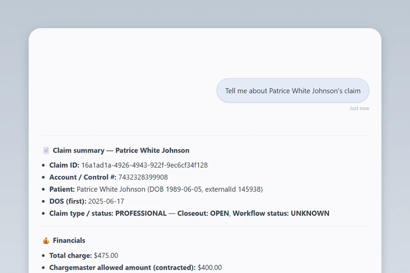 ENTER AI chat answering a question about a patient's claim, with a claim summary and financial details