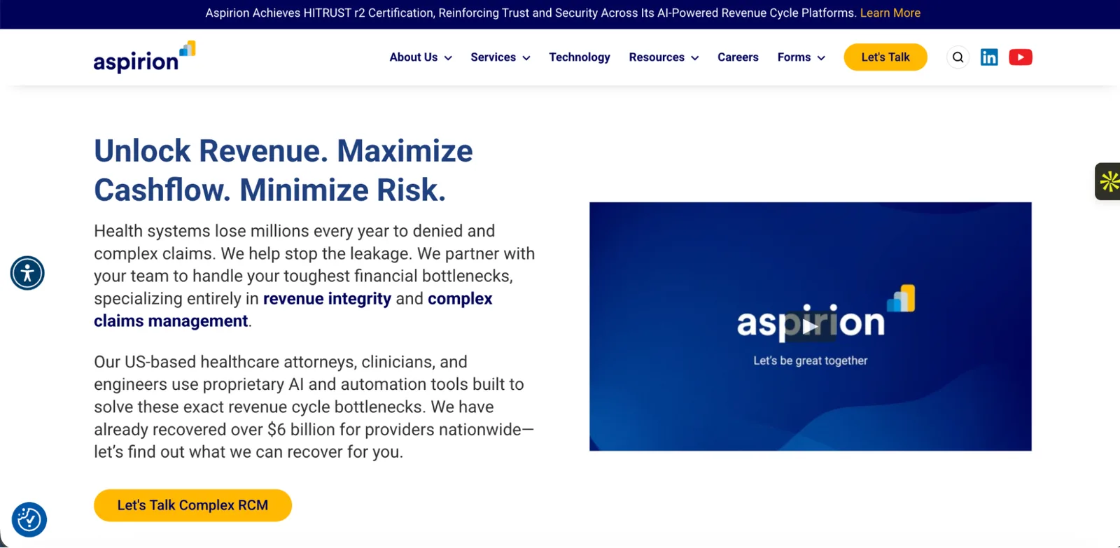 Aspirion homepage with a revenue integrity and complex claims management message and a video panel
