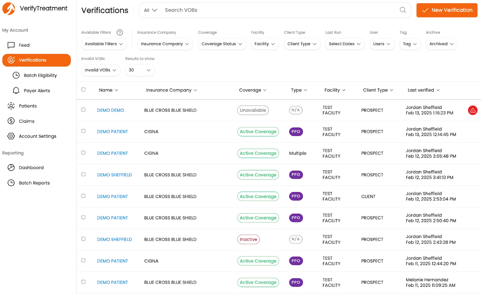 VerifyTreatment (VerifyTX) Verifications list showing insurance companies, coverage status and plan type