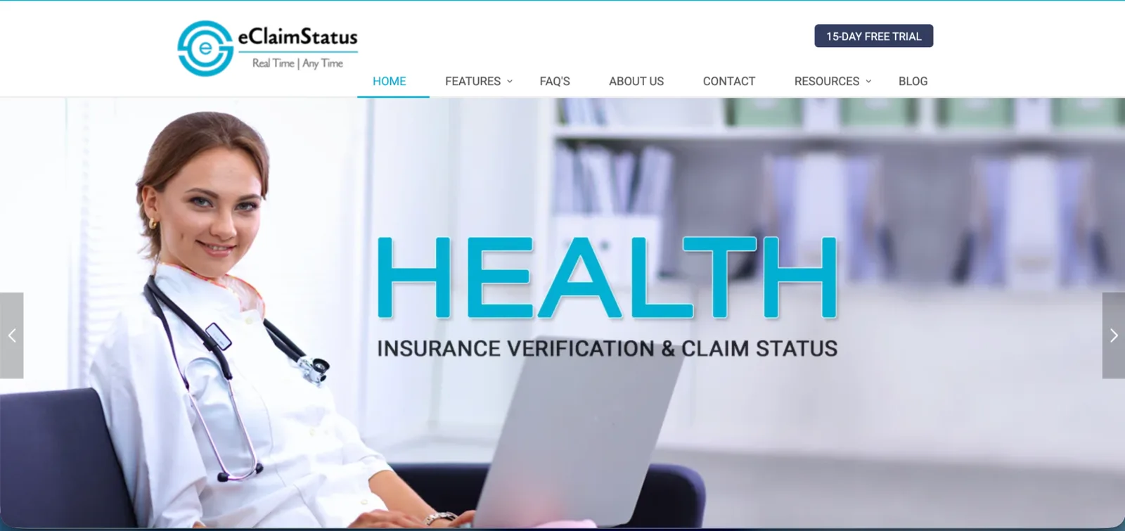 eClaimStatus homepage with a health insurance verification and claim status banner