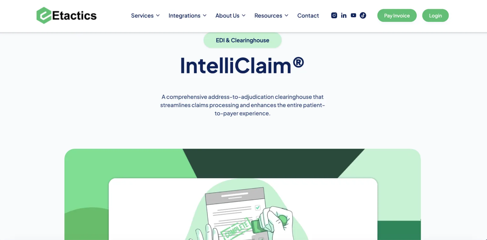 Etactics IntelliClaim page, an EDI and clearinghouse service, with an illustration of a stamped claim form