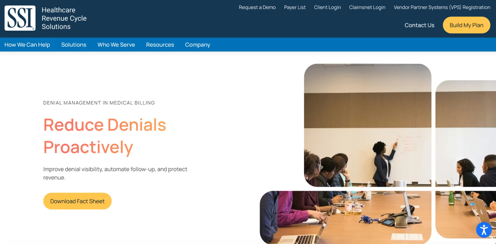 The SSI Group website page on denial management in medical billing, with a Download Fact Sheet button