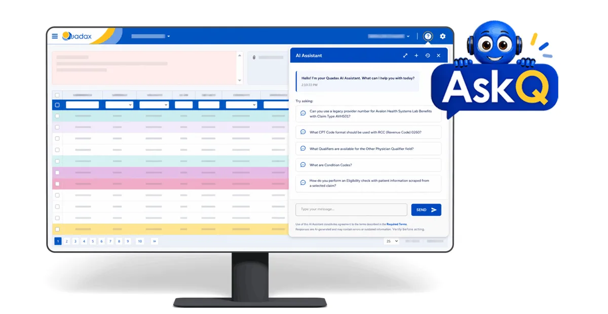 Quadax claims screen on a monitor with the AskQ AI Assistant chat panel open