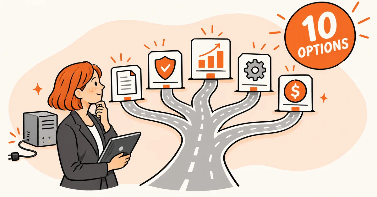 Illustration of a woman with a tablet at a fork in the road leading to ten software options, with an unplugged server behind her