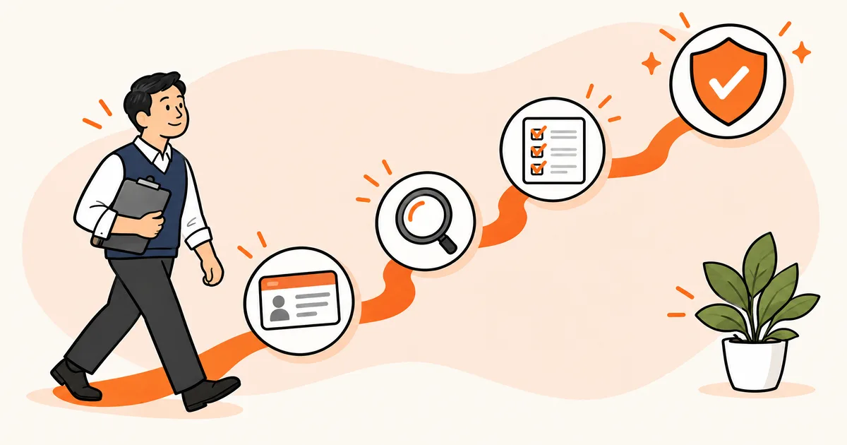 Illustration of a staff member with a clipboard walking a path from an insurance card to a magnifying glass, a checklist and a verified shield