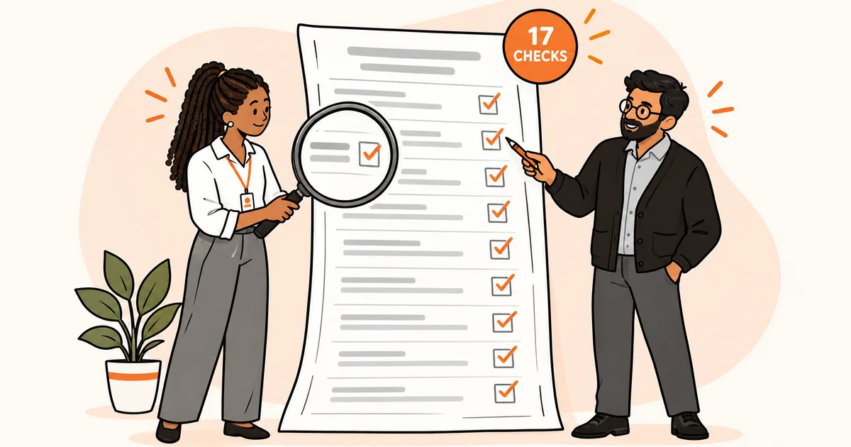 Illustration of two coworkers at a giant checklist, one reading a row through a magnifying glass while the other points at a ticked box, with a 17 checks badge