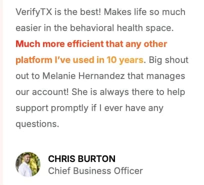 VerifyTX customer review from a chief business officer praising efficiency and account support