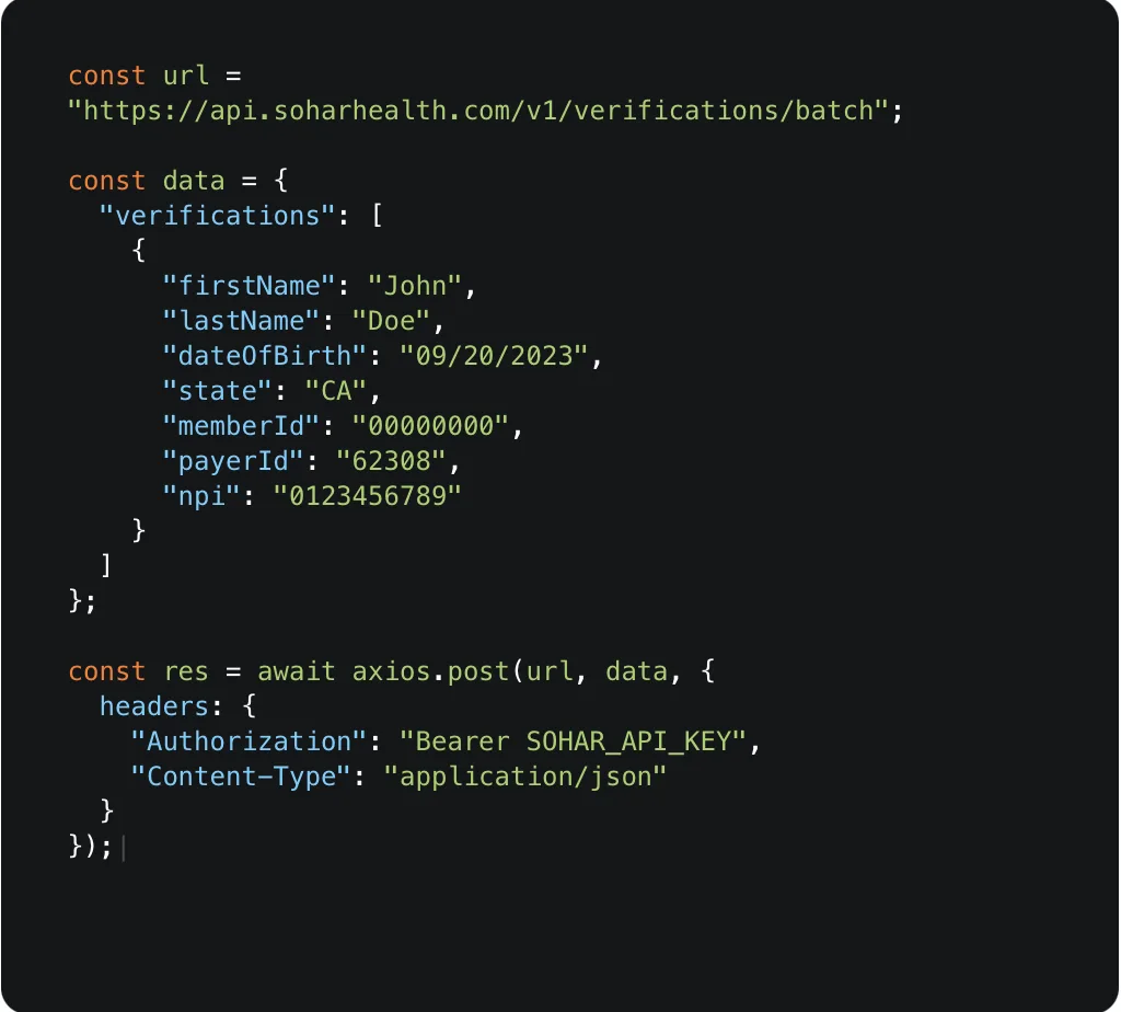 Sohar Health API code sample for a batch verification request, with placeholder patient fields