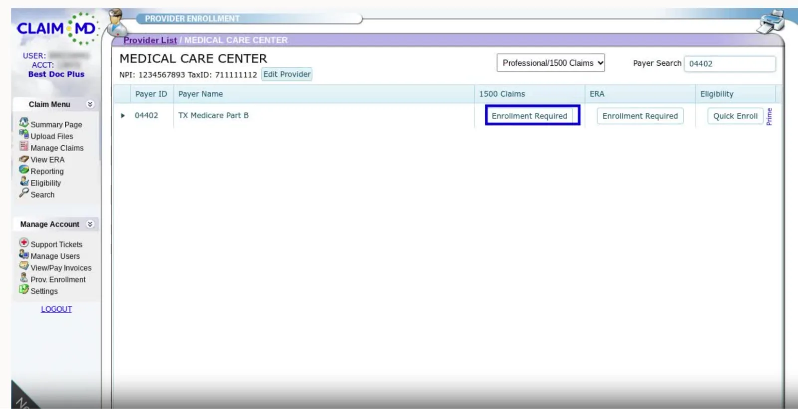 Claim.MD provider enrollment screen listing a Medicare payer with enrollment required for claims and ERA