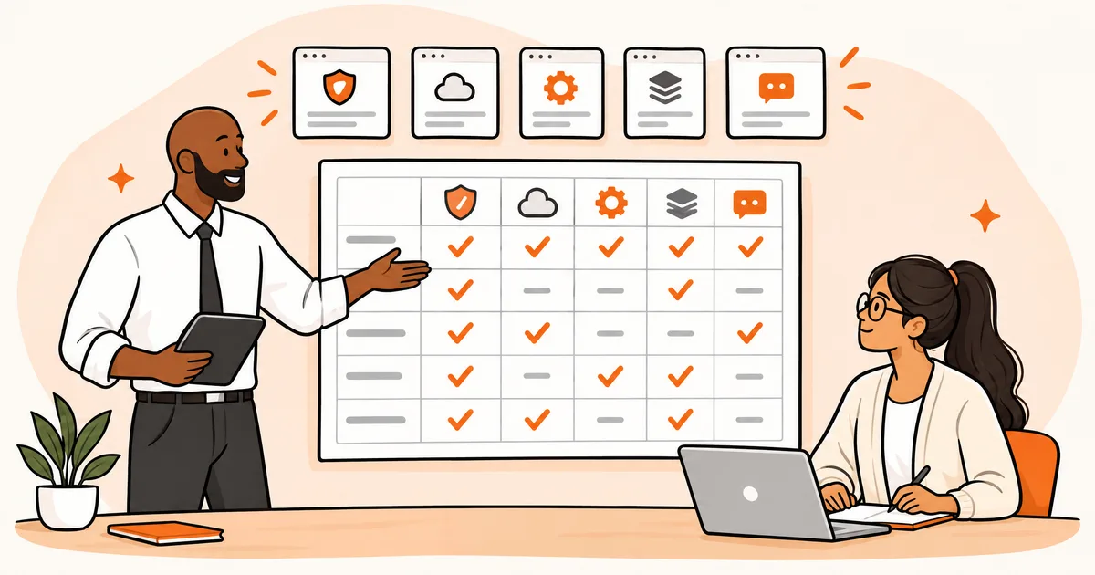 Illustration of a meeting where one colleague points at a chart comparing five software options while another takes notes on a laptop