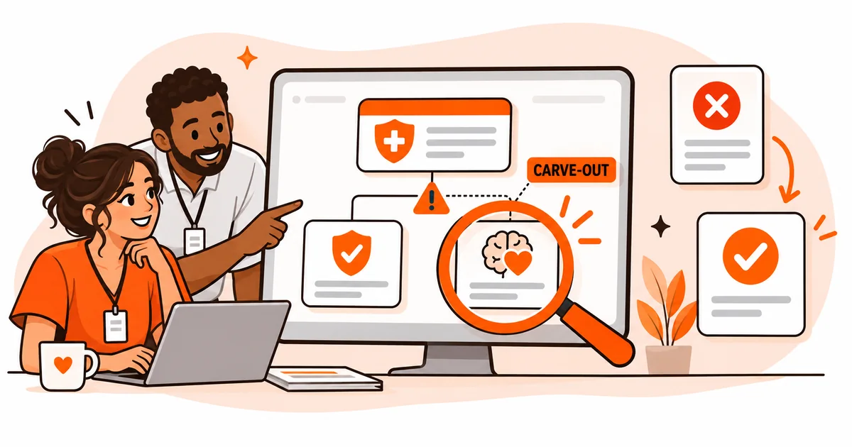 Two healthcare admissions staff identify a behavioral health carve-out on an insurance verification dashboard.