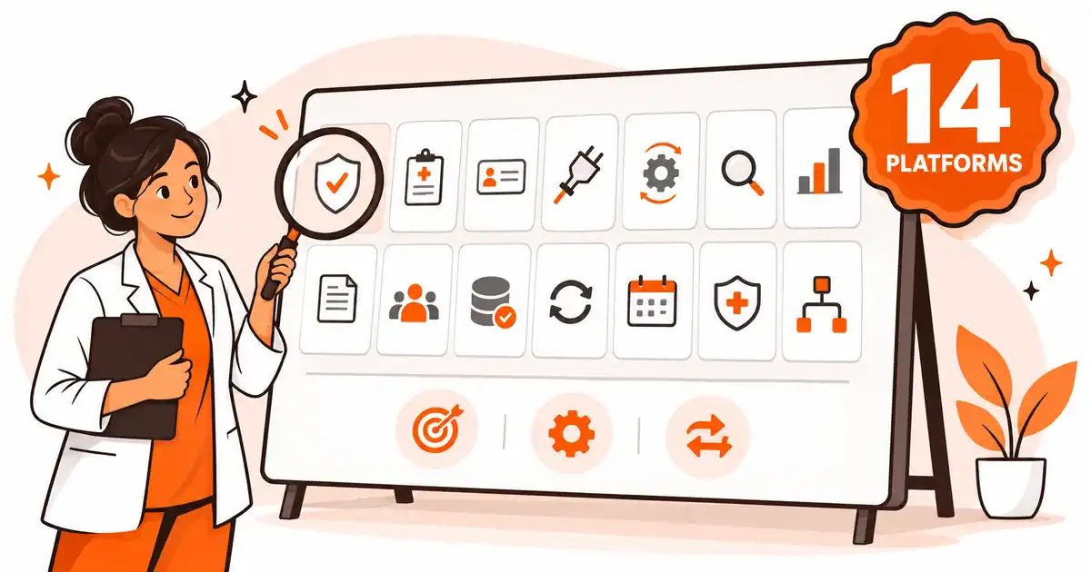 Healthcare professional compares 14 insurance verification platform options on a visual selection board