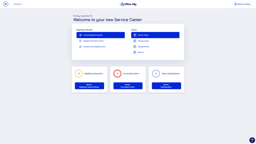 Health insurance verification platform dashboard with eligibility and claims options.