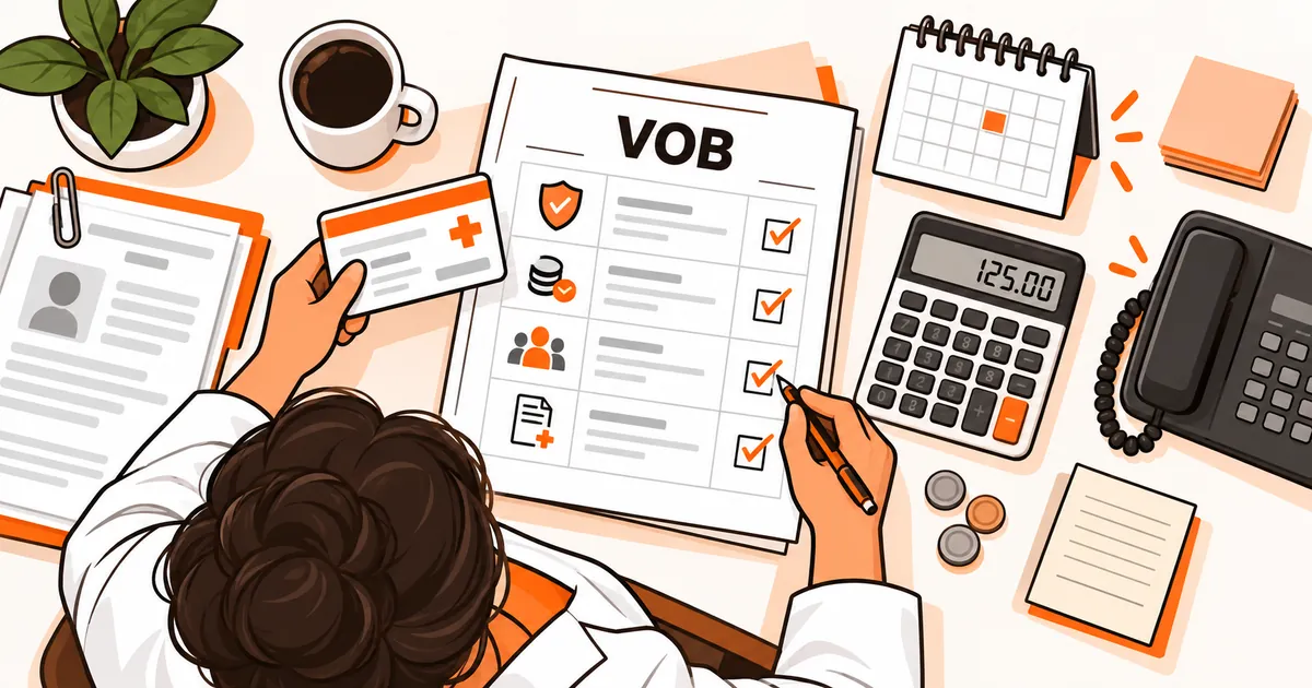 Top-down view of a medical billing specialist checking an insurance card against a VOB worksheet beside a calculator, calendar, patient record, and payer phone.