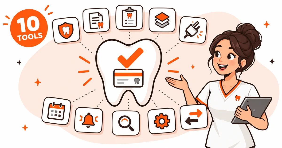 Dental office professional reviews ten insurance verification tools surrounding a verified tooth and insurance card.