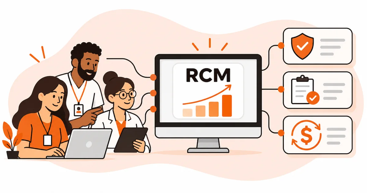 Three healthcare staff members reviewing an RCM dashboard connected to insurance verification, claims, and payment workflows.