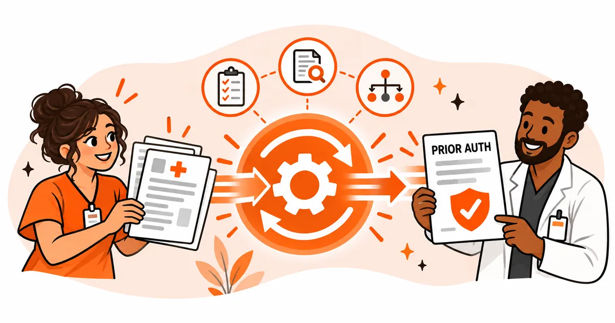 Two healthcare professionals use an automated workflow to turn manual forms into an organized prior authorization request.