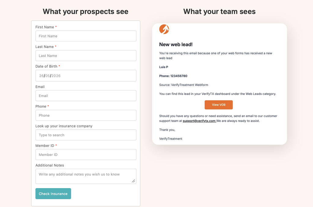 Insurance verification form and team dashboard for healthcare providers.