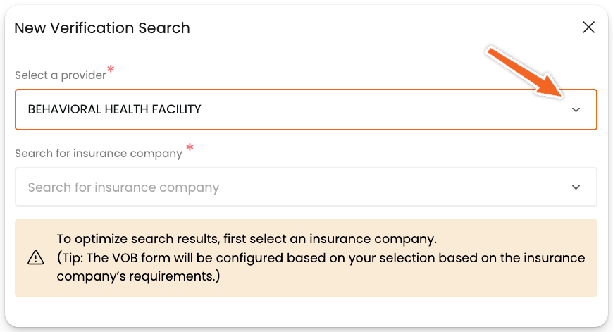 Screenshot of insurance verification search form for healthcare providers.