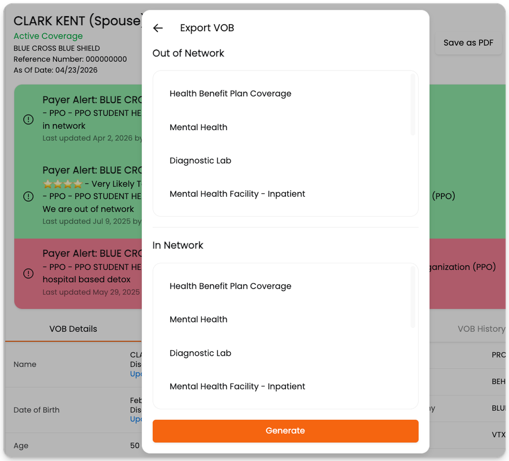 Screenshot of insurance verification and health plan coverage options.