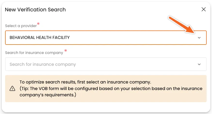 Screenshot of VerifyTreatment search interface for behavioral health facilities.