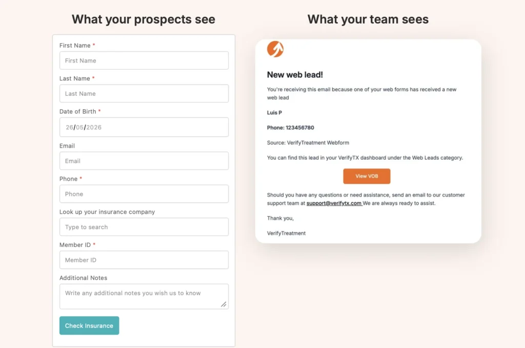 Patient insurance web form shown beside the new web lead notification sent to the healthcare team.