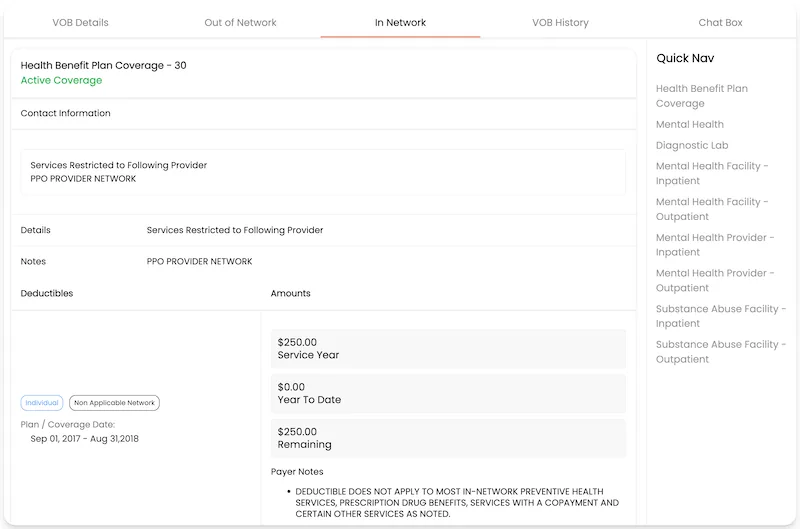 VerifyTreatment VOB screen showing active in-network coverage, deductible amounts, payer notes, and benefit categories.