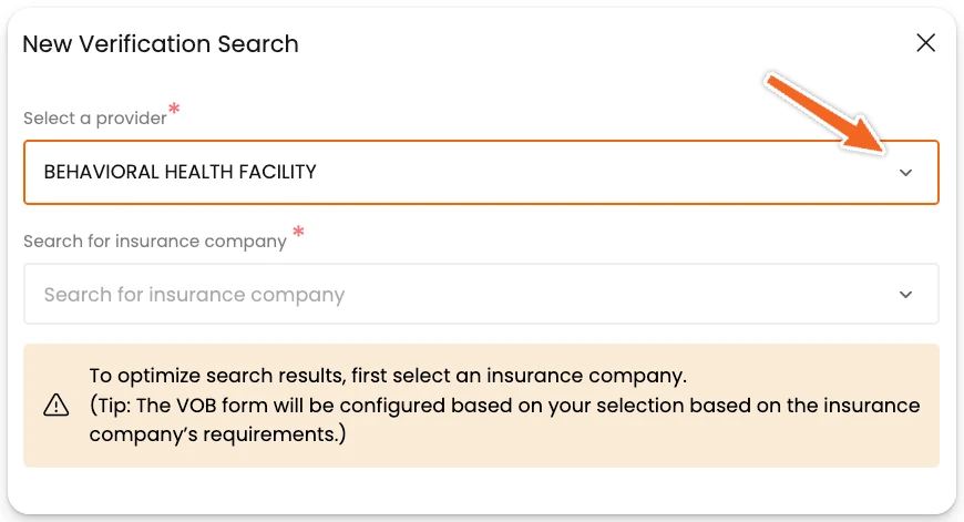 New Verification Search window with the provider dropdown highlighted.