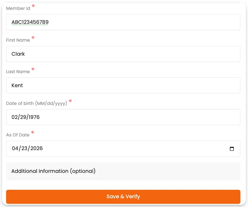 Patient insurance form with member ID, name, date of birth, date of service, and the Save and Verify button.