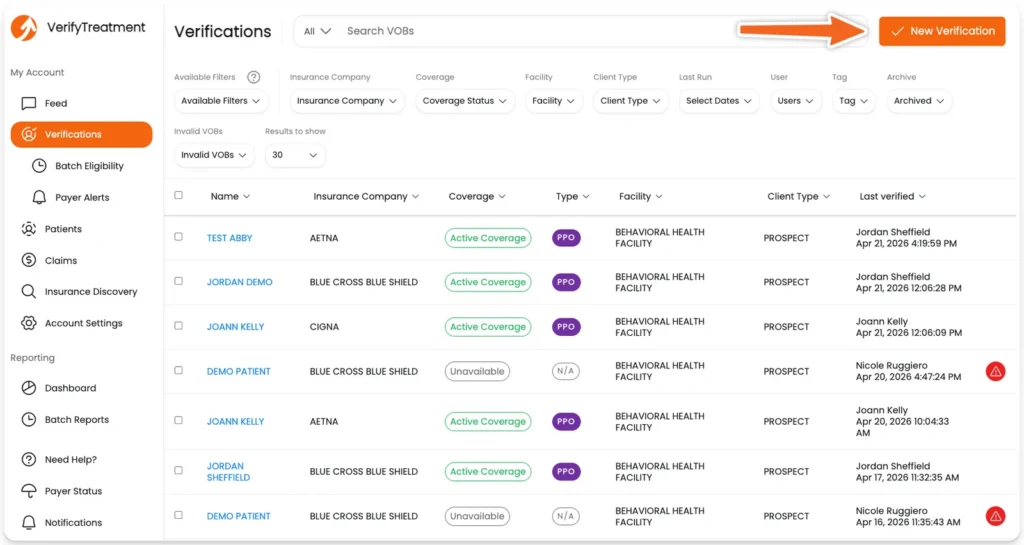 VerifyTx Verifications dashboard with an arrow pointing to the New Verification button.